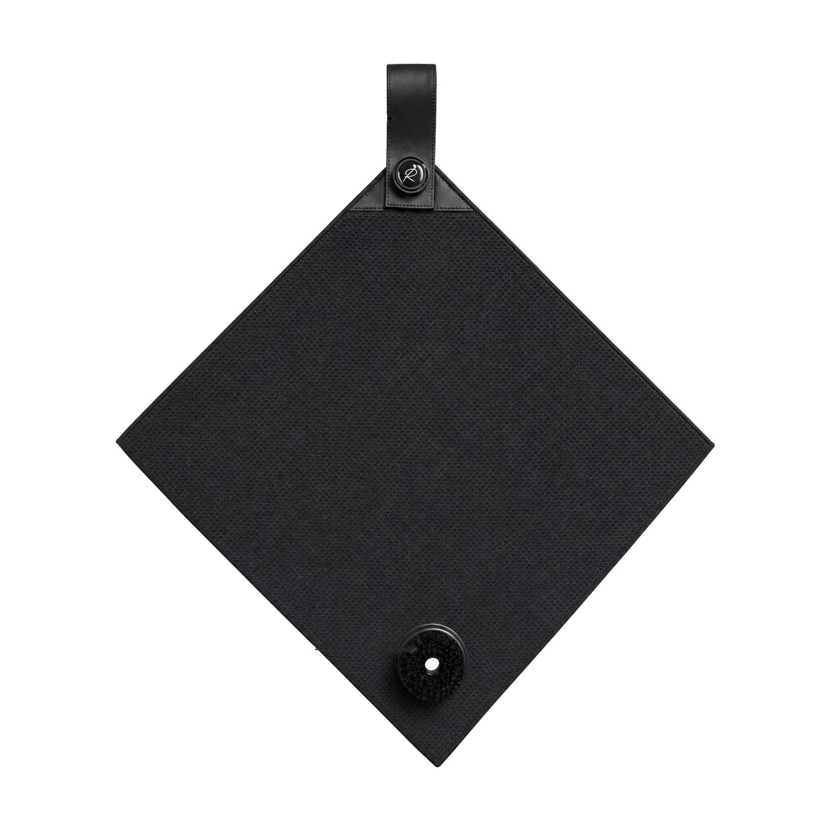 Ryft Golf Towel, black waffle microfiber with magnetic strap, Ryft Ball Marker and brush, on a white background