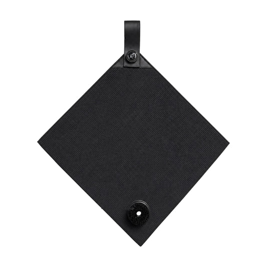 Ryft Golf Towel, black waffle microfiber with magnetic strap, Ryft Ball Marker and brush, on a white background
