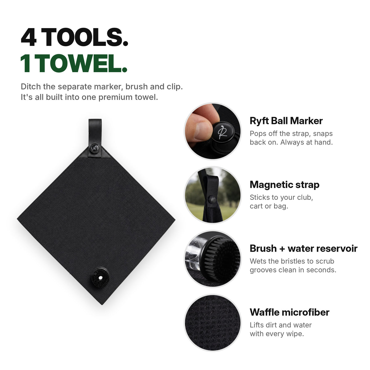4 tools, 1 towel: Ryft Ball Marker, magnetic strap, brush with water reservoir and waffle microfiber
