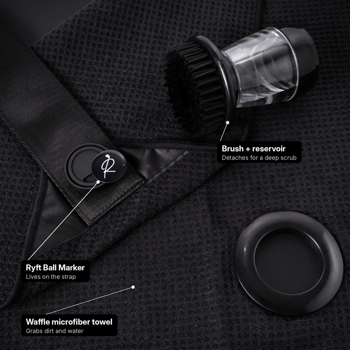 Flat-lay of the Ryft towel with brush and reservoir, Ryft Ball Marker and waffle microfiber